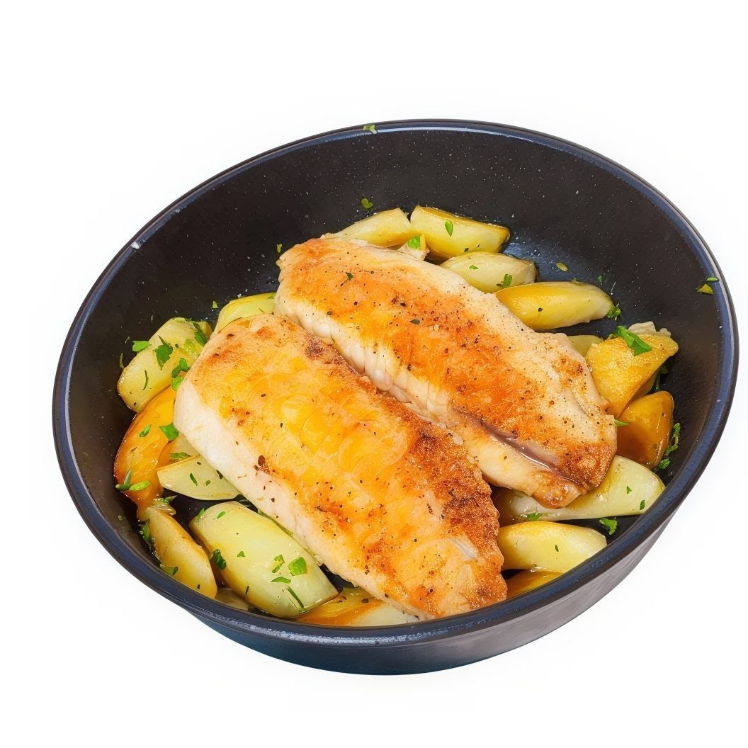 Lomos de pescado al horno en cazuela rústica con patatas.