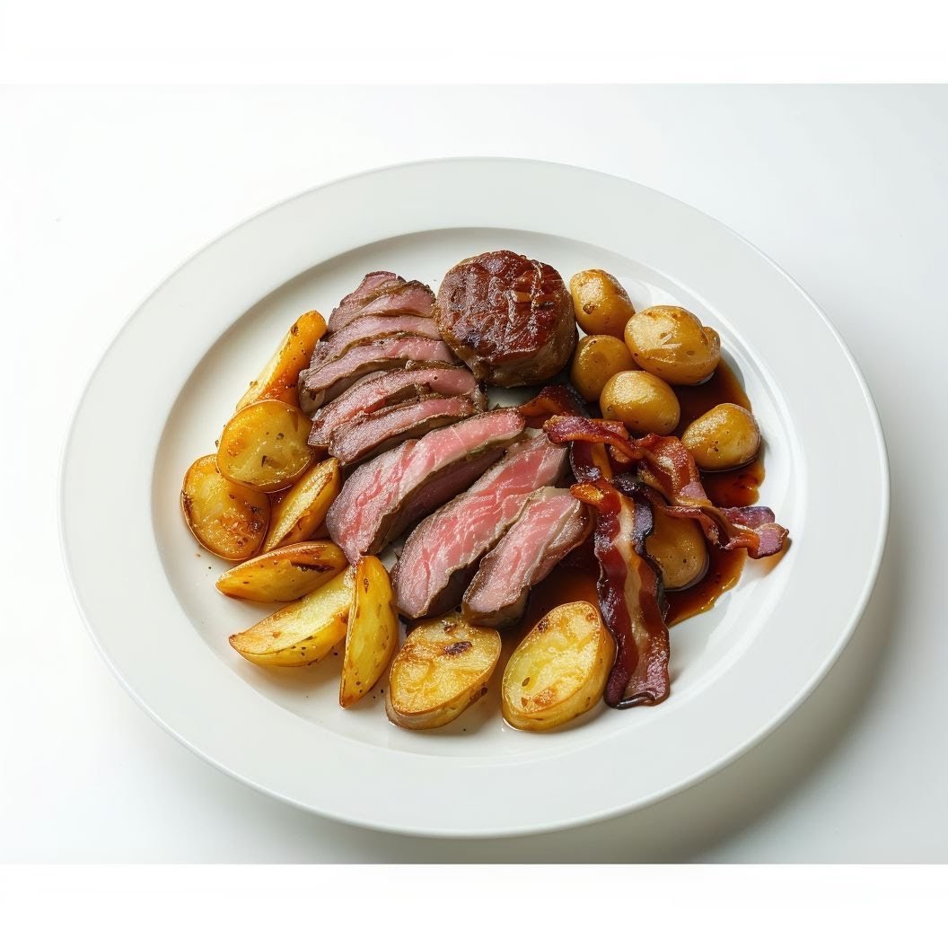 Medallones de carne tierna con patatas asadas rústicas.